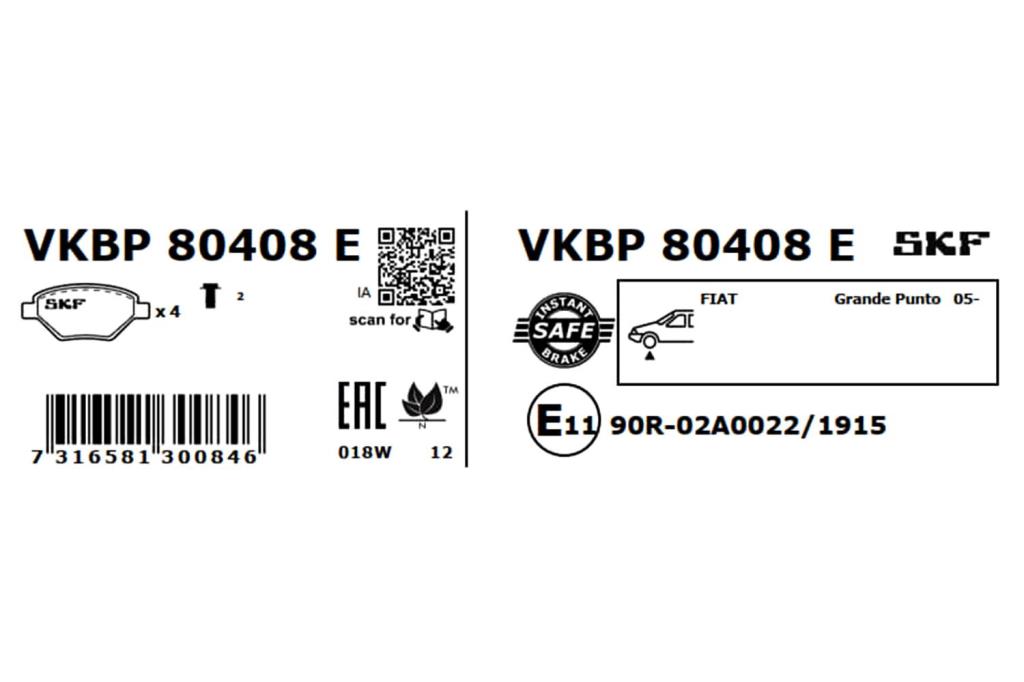 Jeu de 4 plaquettes de frein SKF ref. VKBP 80408 E